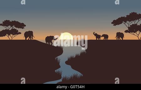 Silhouette d'éléphants dans la rivière Illustration de Vecteur
