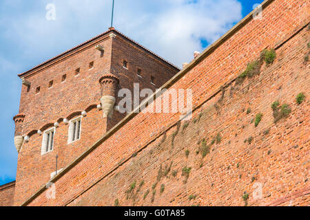 Mur du château de Cracovie wawel, vue d'un couple touristique d'âge moyen regardant l'immense mur défensif du château royal de Wawel à Cracovie, en Pologne. Banque D'Images