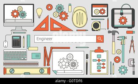 Ingénieur mécanique bannière avec une barre de recherche, une fine ligne d'objets et outils de travail sur un bureau Illustration de Vecteur