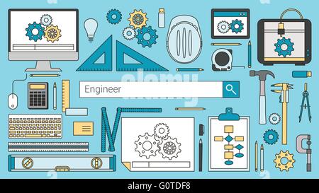 Ingénieur mécanique bannière avec une barre de recherche, une fine ligne d'objets et outils de travail sur un bureau Illustration de Vecteur