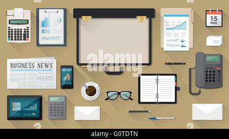 Bureau d'affaires avec mallette ouverte, la paperasserie, tablette, téléphone intelligent, organisateur et calculatrice, vue d'en haut Illustration de Vecteur