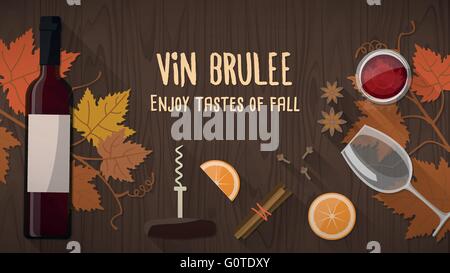 Vin brulée ou vin chaud bannière avec bouteille de vin, les épices et les feuilles de vigne, concept d'automne Illustration de Vecteur