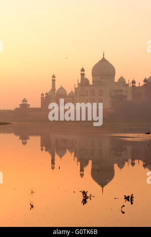 Taj Mahal voir avec la réflexion à partir de la rivière Yamuna banque. Photo prise au lever du soleil avec matin brumeux. Banque D'Images