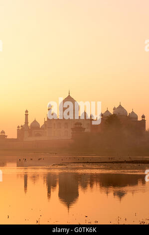 Taj Mahal voir avec la réflexion à partir de la rivière Yamuna banque. Photo prise au lever du soleil avec matin brumeux. Banque D'Images