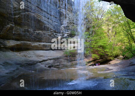 Derrière la chute de falaise de grès de La Salle Canyon à Starved Rock State Park sur les rives de la rivière Illinois. Banque D'Images