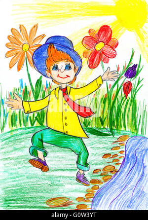 Happy boy marche sur prairie avec des fleurs de printemps - dessin enfant photo sur papier Banque D'Images