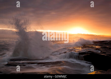 Vagues se brisant sur les rochers à Beacon Point par la mer sur Newbiggin le littoral nord-est au lever du soleil. Banque D'Images