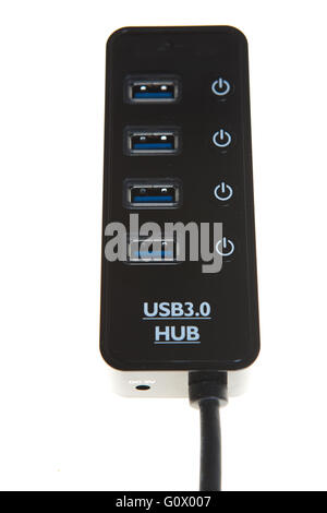 Hub USB noir isolé sur fond blanc Banque D'Images