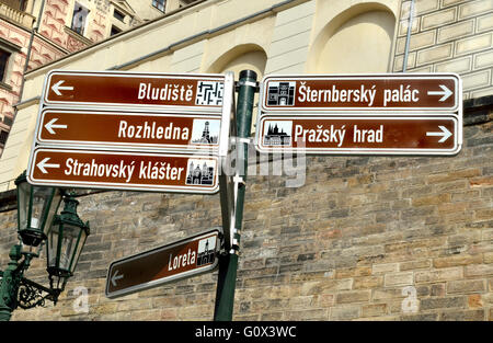 Prague, République tchèque. Panneau donnant des directives aux principaux sites touristiques. Nerudova, près du château Banque D'Images