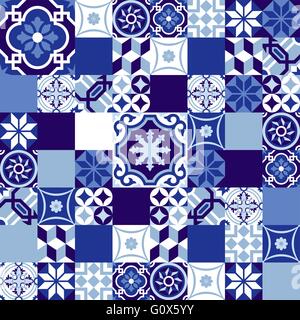 Indigo bleu motif transparent, style patchwork en mosaïque de céramique traditionnelle de décoration. Vecteur EPS10. Illustration de Vecteur
