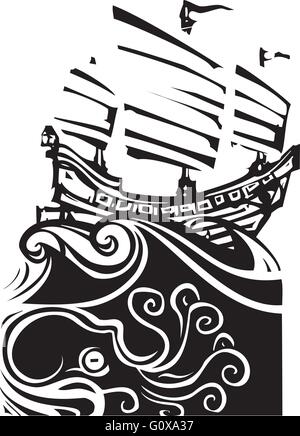 Image style de gravure sur bois voilier chinois junk avec sea life. Illustration de Vecteur