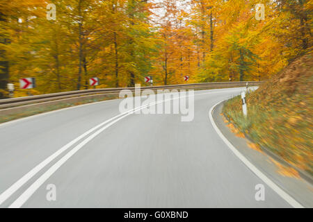 Vue de la route d'une route touristique en forêt d'automne, Spessart, Franconia, Bavaria, Germany Banque D'Images