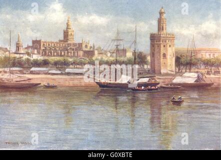Espagne : Seville-The La Torre del Oro et la Cathédrale, antique print 1908 Banque D'Images
