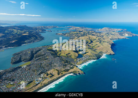 La Plage St Kilda, Otago Harbour et péninsule d'Otago, Dunedin, Otago, île du Sud, Nouvelle-Zélande - vue aérienne Banque D'Images