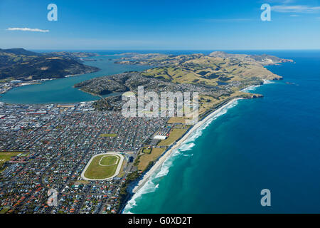 St Clair et St Kilda plages, port d'Otago et péninsule d'Otago, Dunedin, Otago, île du Sud, Nouvelle-Zélande - vue aérienne Banque D'Images