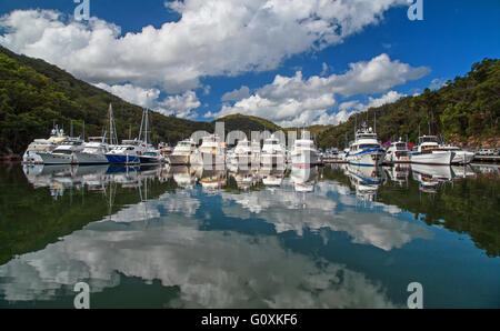 Bateau de croisière reste dans leurs couchettes en Bobbin Head Marina sur la rivière Hawkesbury. Banque D'Images