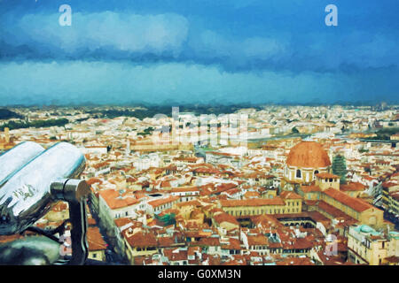 Tempête sur la ville de Florence, Toscane, Italie. Illustration avec des crayons de couleur. Scène urbaine. Art technique. Berceau de la renai Banque D'Images