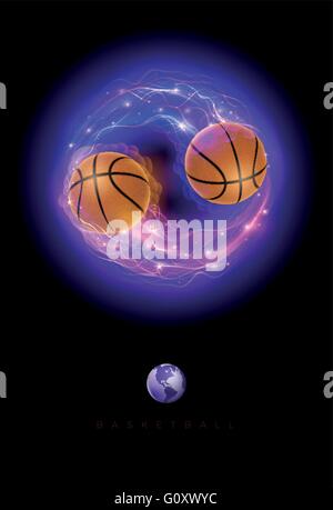 Ballon de basket-ball en flammes et lumières sur fond noir. Vector illustration. Illustration de Vecteur