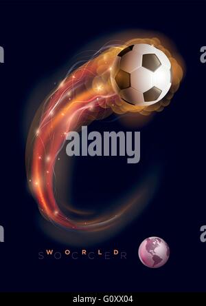 Ballon de soccer en flammes et lumières sur fond noir. Vector illustration. Illustration de Vecteur