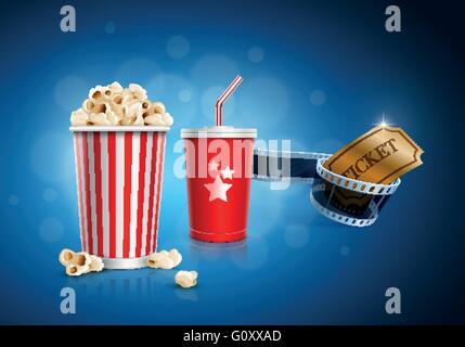 Boîte de pop-corn ; gobelet jetable pour les boissons avec de la paille, de film et de billet. Vector illustration détaillée. Fichier EPS10. Illustration de Vecteur