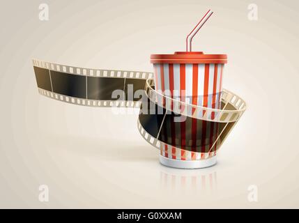 Rouleau de film de l'appareil photo et le carton cup avec une paille sur fond flou artistique en bleu. Vector illustration. EPS10. Illustration de Vecteur