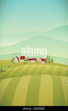 Vector illustration du petit village paysage aux champs. Illustration de Vecteur