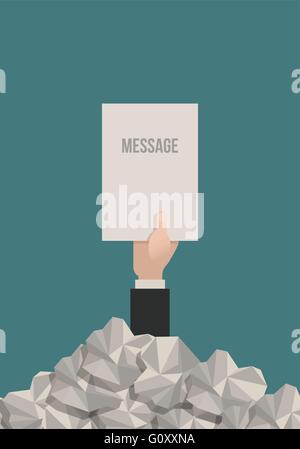 Businessman hand atteint à partir d'une pile de papiers avec un message. Illustration de Vecteur