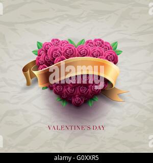 Vector retro Valentine's Day Greeting card template design avec des roses et de papier froissé. Éléments sont superposés Illustration de Vecteur
