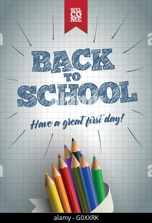 Bienvenue à nouveau à l'école modèle de conception de l'affiche. Retour à l'école à la main le texte avec des crayons de couleur sur papier. Vector illustration Illustration de Vecteur