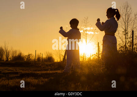 Silhouette de deux enfants pratiquant le taekwondo au coucher du soleil Banque D'Images