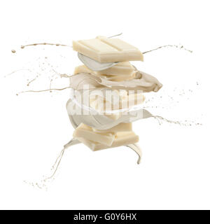 Chocolat blanc splash liquide autour de la pile de blocs de chocolat, isolated on white Banque D'Images