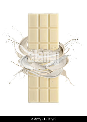 Chocolat blanc splash liquide autour de la pile de blocs de chocolat, isolated on white Banque D'Images