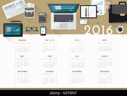 Calendrier 2016 de bureau d'entreprise, vue d'en haut avec un ordinateur portable et des outils de travail Illustration de Vecteur