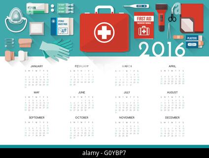 Calendrier 2016 trousse de premiers soins avec des fournitures médicales pour les urgences, les soins de concept Illustration de Vecteur