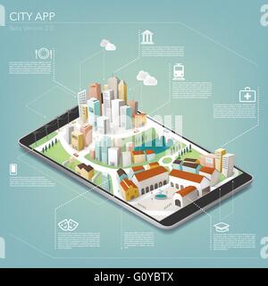 Ville 3D sur une application mobile avec texte et icônes, mobiles et réalité augmentée concept Illustration de Vecteur