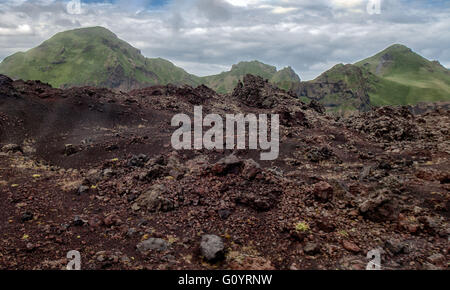 3 août 2015 - la roche volcanique de lave le long de cinq mois 1973 Éruption du volcan Eldfell à Heimaey, dans l'Îles Westman, qui a détruit plus de 400 maisons. Les cendres volcaniques ont chuté au cours de l'île, et l'écoulement de lave a menacé de fermer le port, la principale source de revenus. Dépendante de son industrie de la pêche, mais noté pour sa population d'oiseaux marins et l'activité volcanique, le tourisme est un secteur croissant de l'Heimaey et îles Westman économie avec l'Islande de devenir une destination touristique favorite. (Crédit Image : © Arnold Drapkin via Zuma sur le fil) Banque D'Images