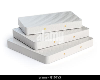 Matelas isolé sur fond blanc. Pile de matelas orthopédiques de différentes tailles. 3d illustration Banque D'Images