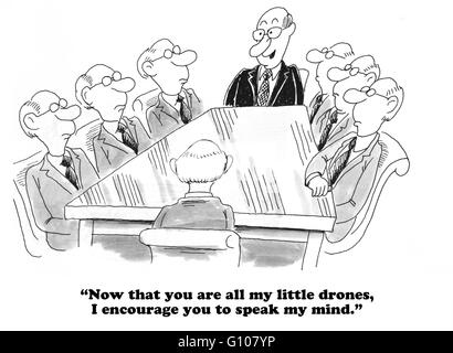 Caricature d'affaires à propos de membres de l'équipe que voir, réfléchir exactement semblables. Banque D'Images