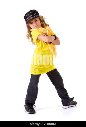 Petite fille danseuse dans divers costumes, isolé sur blanc. Banque D'Images