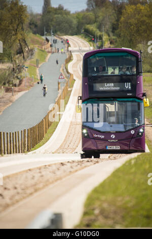 Sur les nouveaux bus mauve busway guidé conducteur et les passagers visible Banque D'Images