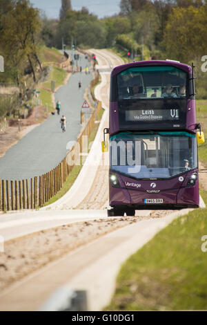 Sur les nouveaux bus mauve busway guidé conducteur et les passagers visible Banque D'Images