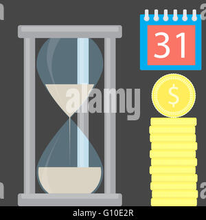 L'argent est le temps. Stock de pièces d'or et d'Hourglass. Finance argent or et argent avec hourglass concept d'entreprise. La richesse est le temps et Banque D'Images