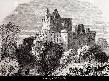 19e siècle vue de Craigmillar Castle est un château médiéval en ruine a commencé à la fin du 14ème siècle. Vendu à Sir John Gilmour, Lord Président de la Cour de session, en 1660, la gauche dans le 18e siècle, le château est tombé en ruine, Édimbourg, Écosse Banque D'Images