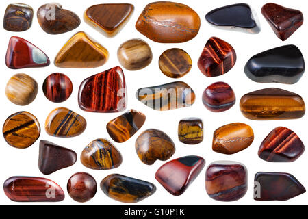 Ensemble de divers tiger eye-pierres minérales naturelles et de pierres précieuses (tigers eye, bull-eye, hawk-eye) isolé sur fond blanc Banque D'Images