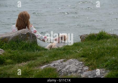 Portsmouth, Royaume-Uni. 7e mai 2016. Un chien et son maître jouer comme ils aiment le soleil britannique. Crédit : Marc Ward/Alamy Live News Banque D'Images