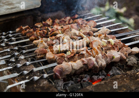 Le shish kebabs préparés sur un brasero Banque D'Images