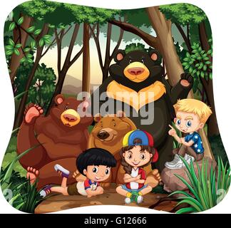 Les enfants et l'ours grizzli dans la jungle illustration Illustration de Vecteur