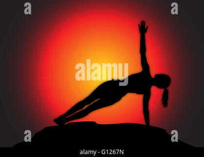 Une silhouette de femme yoga côté scène planche sur un fond de couleur sombre