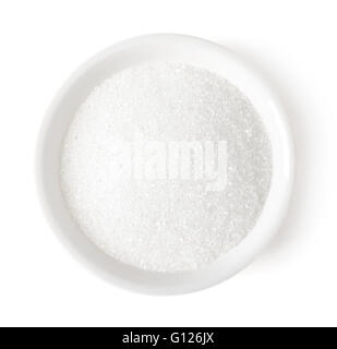 Bol de sucre blanc isolé sur fond blanc, vue du dessus Banque D'Images