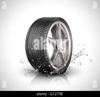 Roue de voiture avec les projections d'eau dans le motion blur sur fond blanc .Vector illustration Illustration de Vecteur